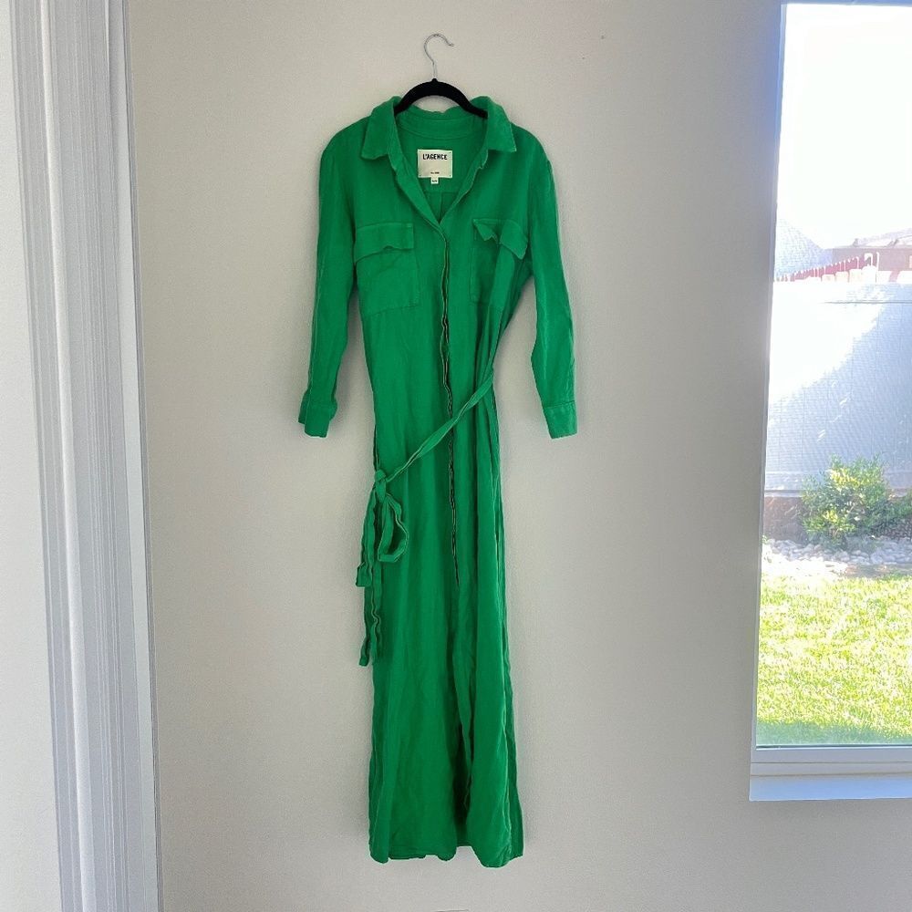 L'agence Cameron Green Belted Linen Long Shirt Dress Medium - Picture 3 of 15